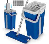 JUPPLIES Mopa Fregona con Cubo Escurridor Doble Compartimento 7,5 L - Sistema 360° con Mango Telescópico y Recambios de Microfibra para Suelos, Paredes y Azulejos (Azul, 6 Recambios)