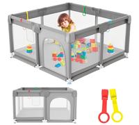 JUPPLIES Parque Infantil Bebe 120x120cm + 2 Agarraderas - Corralito Bebe con Malla Transpirable - Parque de Juegos Bebe con Puerta Lateral - Playpen Bebe - Gris