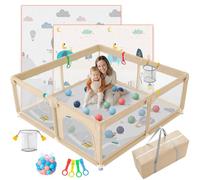 JUPPLIES Parque Infantil Bebe 120x120cm + Alfombra Bebe + Agarraderas + Canasta + 50 Bolas + Bolsas de Transporte | Corralito Bebe con Malla Transpirable (Beige)