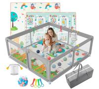 JUPPLIES Parque Infantil Bebe 120x120cm + Alfombra Bebe + Agarraderas + Canasta + 50 Bolas + Bolsas de Transporte | Corralito Bebe con Malla Transpirable (Gris)