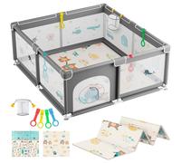 JUPPLIES Parque Infantil Bebe 120x120cm + Alfombra Bebe + Agarraderas + Canasta + Bolsa de Transporte - Corralito Bebe con Malla Transpirable (Gris 120x120 con Estampado)