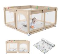 JUPPLIES Parque Infantil Bebe 120x120cm + Alfombra Bebe - Corralito Bebe con Malla Transpirable - Parque de Juegos Bebe con Puerta Lateral - Playpen Bebe (Beige)