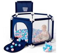 JUPPLIES Parque Infantil Bebe 127x127cm Hexagonal - Corralito Bebe con Malla Transpirable - Parque de Juegos Bebe Plegable con Puerta Lateral - Playpen Bebe (Con Canasta, Azul)
