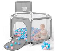 JUPPLIES Parque Infantil Bebe 127x127cm Hexagonal - Corralito Bebe con Malla Transpirable - Parque de Juegos Bebe Plegable con Puerta Lateral - Playpen Bebe (Con Canasta, Azul)