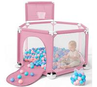 JUPPLIES Parque Infantil Bebe 127x127cm Hexagonal - Corralito Bebe con Malla Transpirable - Parque de Juegos Bebe Plegable con Puerta Lateral - Playpen Bebe (Con Canasta, Rosa)