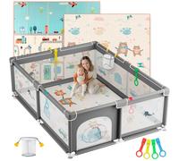 JUPPLIES Parque Infantil Bebe 150x180cm + Alfombra Bebe + Agarraderas + Canasta - Corralito Bebe con Malla Transpirable - Parque de Juegos Bebe Plegable con Puerta Lateral - Playpen Bebe - Gris