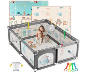 JUPPLIES Parque Infantil Bebe 150x180cm + Alfombra Bebe + Agarraderas + Canasta - Corralito Bebe con Malla Transpirable - Parque de Juegos Bebe Plegable con Puerta Lateral - Playpen Bebe - Gris