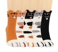 Jupsk Calcetines Mullidos para Mujer Calcetines Térmicos Cálidos de Invierno para cama Calcetines de lana de Coral Divertidos con pata de gato Calcetines para Mujeres y niñas de 4 a 7, 5 pares
