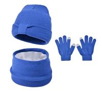 Jupsk Conjunto Gorros Bufanda Guantes de Invierno para Niño, Beanie Braga Cuello Gorra con Forro Polar para Niños Niña de 3 a 8 Años, Color Liso (Azul)