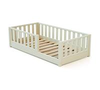 JURABABY - Cama al suelo para niños de madera SONHO - 70x140 - Blanco Perla | Con barandilla lateral extraíble izquierda o derecha | Cama infantil con somier de láminas