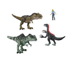 Jurassic World HJK02 -: Un Paquete de Batalla épica de la Nueva era, 3 auténticas Figuras de Dinosaurios y 1 Figura Humana, diversión física y Digital para niños a Partir de 4 años