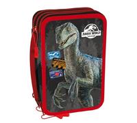 Jurassic World - Licencia Original - Estuche Negro/Rojo 3 Compartimentos con Cremalleras - 45 Accesorios de papelería Escolar, Dimensiones 20x6x12,5 cm - Dinosaurio - Escuela Primaria y Mediana