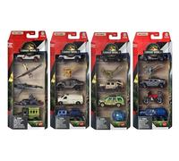 Jurassic World Matchbox - Colección de vehículos de dinosaurio, coches fundidos a presión y figuras, 5 paquetes, juego de 4, 20 vehículos, JGL60-956B