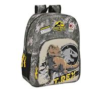 JURASSIC WORLD WARNING - Mochila Escolar Niño, Mochila Niño, Mochila Infantil, Adaptable a Carro, Ideal para Niños en Edad Escolar, Cómoda y Versátil, Calidad y Resistencia, 33x14x42 cm, Color Gris