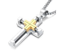 Jurikko Collar de cruz para hombre, acero inoxidable 316L, con colgante de cruz grande de Jesucristo, plata, oro y negro, cadena Rolo, chain-24'', Acero inoxidable, No es una piedra preciosa
