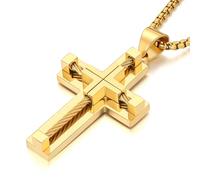 Jurikko Collar de cruz para hombre, acero inoxidable 316L, con colgante de cruz grande de Jesucristo, plata, oro y negro, cadena Rolo, chain-28'', Acero inoxidable, No es una piedra preciosa