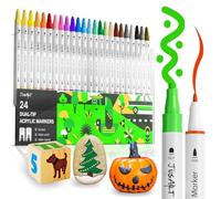 JusArt 24 marcadores de pintura acrílica de doble punta con puntos y punta fina, bolígrafos de pintura que no se corren y marcadores impermeables para roca, madera, vidrio, cerámica, suministros de