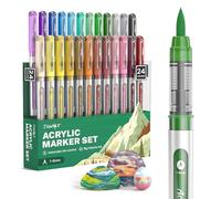 JusArt Acrylic Paint Markers Brush Tip 24 Colors, Water Based Acrylic Markers with Automatic Ink Control System, Waterproof Acrylic Paint Pens for Rock Painting, Wood, Fabric, Egg, Christmas Gift
