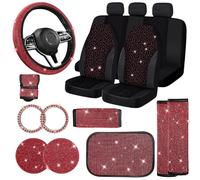 Jusen Juego de 17 Fundas de Asiento de automóvil con Diamantes de imitación, Funda de Volante de Terciopelo Transpirable con Purpurina para Consola Central, Juego Completo/Rojo