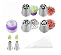 JUSKAQZYI boquillas Manga Kit de 17 boquillas Grandes de Acero Inoxidable glaseado, 4 boquillas Rusas for Manga pastelera, 2 Boquilla de Hoja for glaseado, 10 Mangas pasteleras Acero