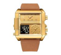 JUSKAQZYI Digital Reloj Reloj de Pulsera Cuadrado multizona horaria, de Cuarzo, Resistente al Agua, con Esfera Grande y Doble Pantalla, un Regalo Moderno for Hombre. Deportivo Reloj(Blown/Gold)