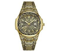 JUSKAQZYI Digital Reloj Reloj Vintage de Acero for Hombre, Reloj de Pulsera de Cuarzo con Calendario Ovalado en Relieve, Deportivo Reloj(Gold)