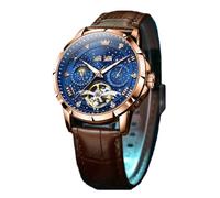 JUSKAQZYI Reloj Deportivo Reloj mecánico Totalmente automático, Resistente al Agua, for Hombre, multifunción, Luminoso, Digital(Brown Belt+Blue Face)