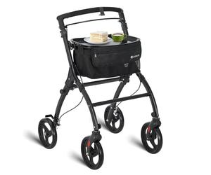 Juskys Andador activo de aluminio con bolsa de transporte y bandeja, andador para interiores estrecho, ligero y plegable, para personas mayores, color negro