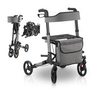 Juskys - Andador de aluminio plegable y ligero con 6 alturas de altura, varios colores, con asiento, freno y bolsa, 130 kg, color gris