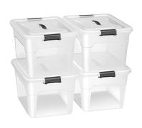 Juskys Caja de almacenamiento con tapa, juego de 4 cajas de plástico de 30 l, caja grande, apilable, transparente