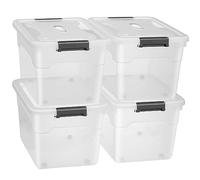 Juskys Caja de almacenamiento con tapa, juego de 4 cajas de plástico de 60 l, caja grande, apilable, transparente