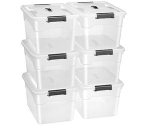 Juskys Caja de almacenamiento con tapa, juego de 6 cajas de plástico de 30 l, caja grande, apilable, transparente