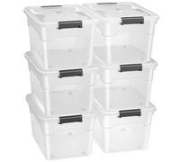 Juskys Caja de almacenamiento con tapa, juego de 6 cajas de plástico de 45 l, caja grande, apilable, transparente