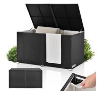 Juskys caja para cojines de ratán sintético Ikaria 950 L - Con tapa con elevación automática y lona interior - Caja para cojines de 145 x 82 x 79 cm para jardín - Caja de jardín en negro