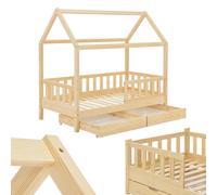 Juskys Cama Infantil Marli 80 x 160 cm con canapé de 2 Piezas, protección anticaída, somier y Techo - Cama de Madera Maciza para niños - Cama en Color Natural