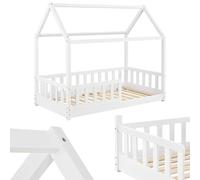 Juskys Cama Infantil Marli 80 x 160 cm con protección anticaída, somier y Techo - Cama casa de Madera Maciza para niños - Cama en Blanco