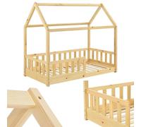 Juskys Cama Infantil Marli 80 x 160 cm con protección anticaída, somier y Techo - Cama casa de Madera Maciza para niños - Cama en Color Natural