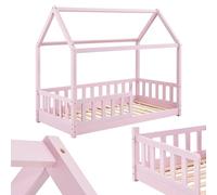 Juskys Cama Infantil Marli 80 x 160 cm con protección anticaída, somier y Techo - Cama casa de Madera Maciza para niños - Cama en Color Rosado