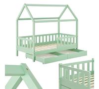 Juskys Cama Infantil Marli 90 x 200 cm con canapé de 2 Piezas, protección anticaída, somier y Techo - Cama de Madera Maciza para niños - Cama en Verde Menta