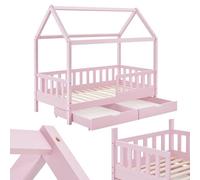 Juskys Cama Infantil Marli 90 x 200 cm con canapé de 2 Piezas, protección anticaída, somier y Techo - Cama de Madera Maciza para niños - Cama en Rosa
