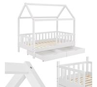 Juskys Cama Infantil Marli 90 x 200 cm con canapé de 2 Piezas, protección anticaída, somier y Techo - Cama de Madera Maciza para niños - Cama en Blanco
