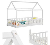 Juskys Cama infantil Marli 90 x 200 cm con protección anticaídas, somier de láminas y techo - Cama de madera maciza para niños - Cama en blanco