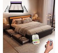 Juskys Cama tapizada Lyon 180 x 200 cm con canapé, iluminación led, somier y Cuero Artificial, Negro, Cama armazón Cama Doble Cama de Matrimonio
