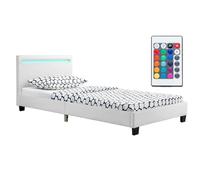 Juskys Cama tapizada Verona 90x200 cm Blanca con colchón - Cama Individual + iluminación LED, somier y cabecero - Cama de Estructura de Madera y Revestimiento de Cuero sintético