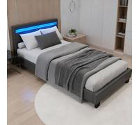 Juskys Cama tapizada Verona 90x200 cm Gris con colchón - Cama Individual + iluminación LED, somier y cabecero - Cama de Estructura de Madera y Revestimiento de Tela
