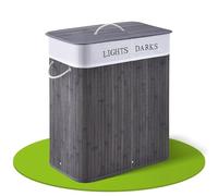 Juskys Cesto para la ropa de bambú rizado 100 litros en gris - Cubo para la ropa con tapa, asa y 2 compartimentos - Bolsa para la ropa de tela, extraíble y lavable