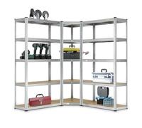 Juskys Juego de 3 estanterías metálicas Basic | 1 estantería esquinera y 2 estanterías de Almacenamiento | 15 estantes de Madera MDF | 2625 kg | Estantería para Cargas Pesadas en Color Plateado
