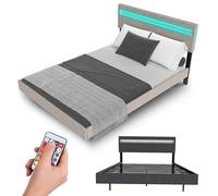 Juskys Lissabon - Cama flotante (140 x 200 cm, con LED, somier de láminas y respaldo, cama acolchada de lino y madera, color beige