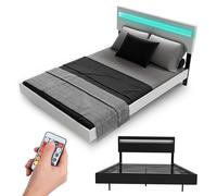 Juskys Lissabon - Cama suspendida de 140 x 200 cm con LED, somier y cabecero, diseño moderno de madera y piel sintética, para cama de matrimonio, color blanco