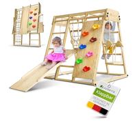 Juskys Maxi - Estructura de escalada para niños - Zona de juegos interior con tobogán, pared de escalada, red de escalada y columpio - Torre de escalada plegable de madera - Color natural